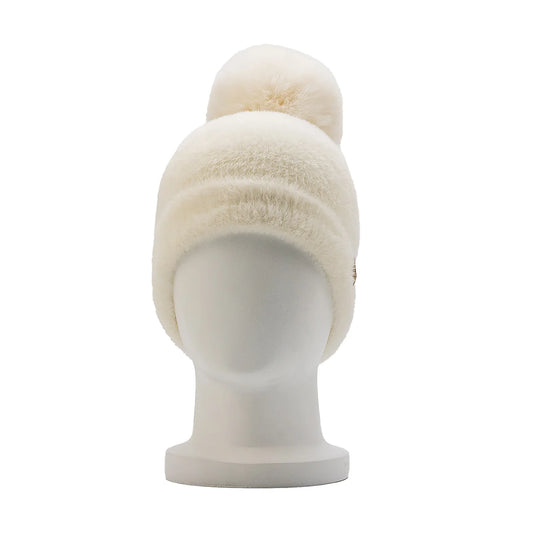 LADIES FURRY CUFF HAT W/POM EGRET
